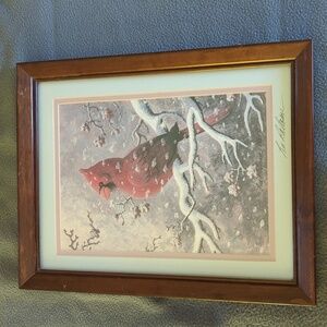 Lee Roberson Signed Framed And Matted Print. Cardinal In The Snow.